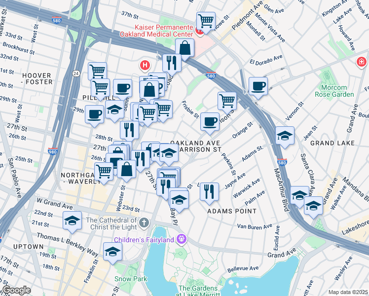 map of restaurants, bars, coffee shops, grocery stores, and more near 66 Fairmount Avenue in Oakland