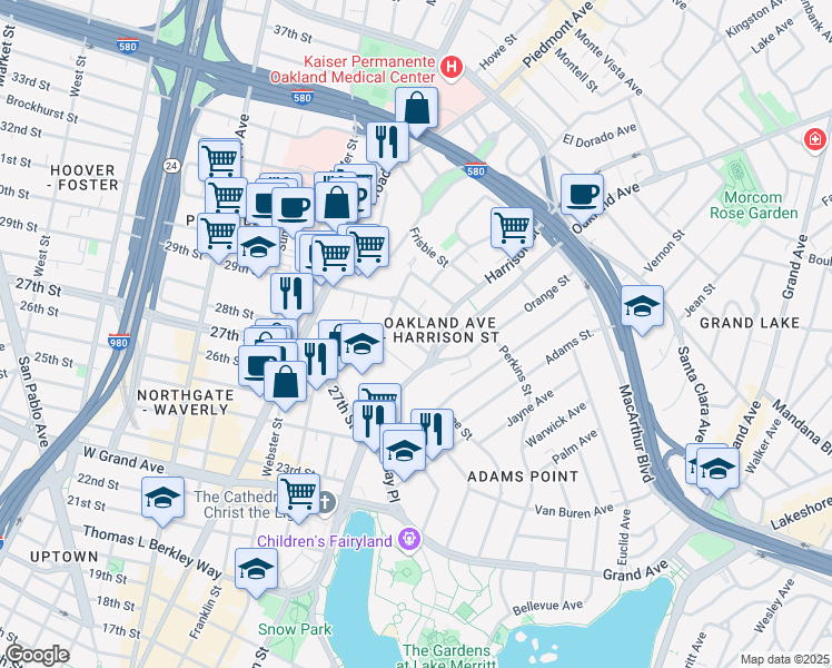map of restaurants, bars, coffee shops, grocery stores, and more near 66 Fairmount Avenue in Oakland