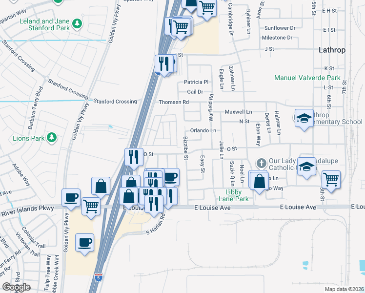 map of restaurants, bars, coffee shops, grocery stores, and more near 16059 Bizzibe Street in Lathrop