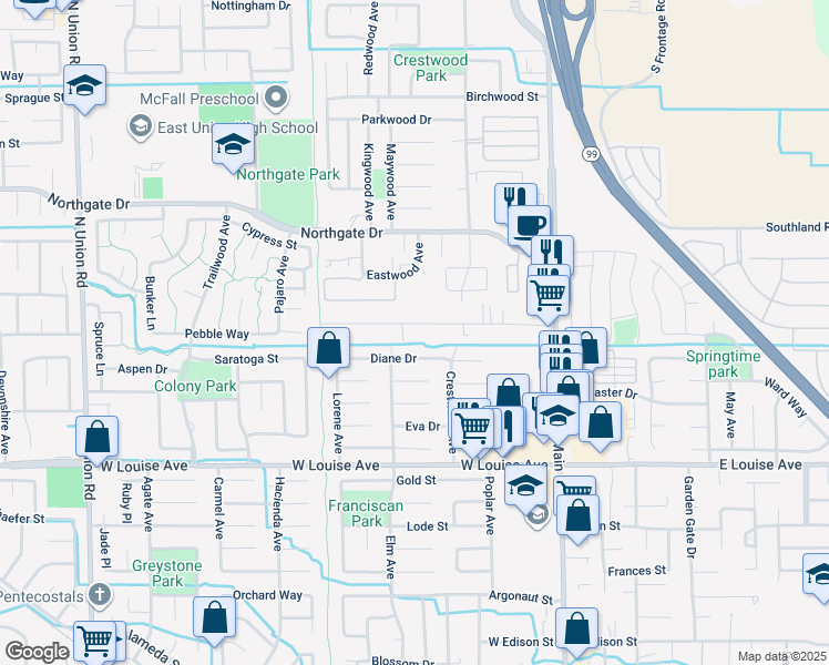 map of restaurants, bars, coffee shops, grocery stores, and more near 434 Joseph Road in Manteca