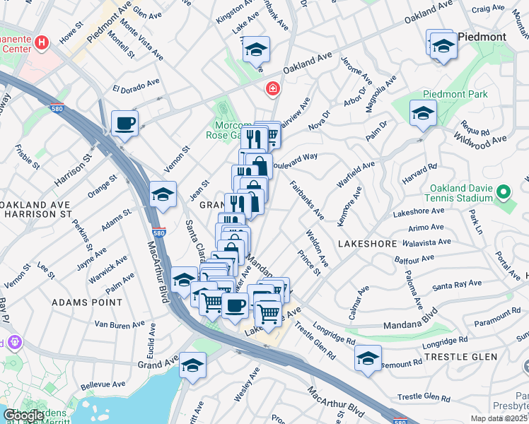 map of restaurants, bars, coffee shops, grocery stores, and more near 1026 Walker Avenue in Oakland