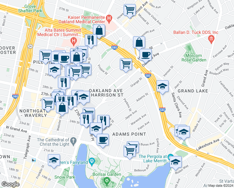 map of restaurants, bars, coffee shops, grocery stores, and more near 301 Oakland Avenue in Oakland