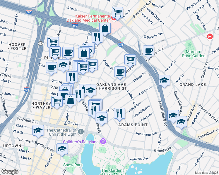 map of restaurants, bars, coffee shops, grocery stores, and more near in Oakland