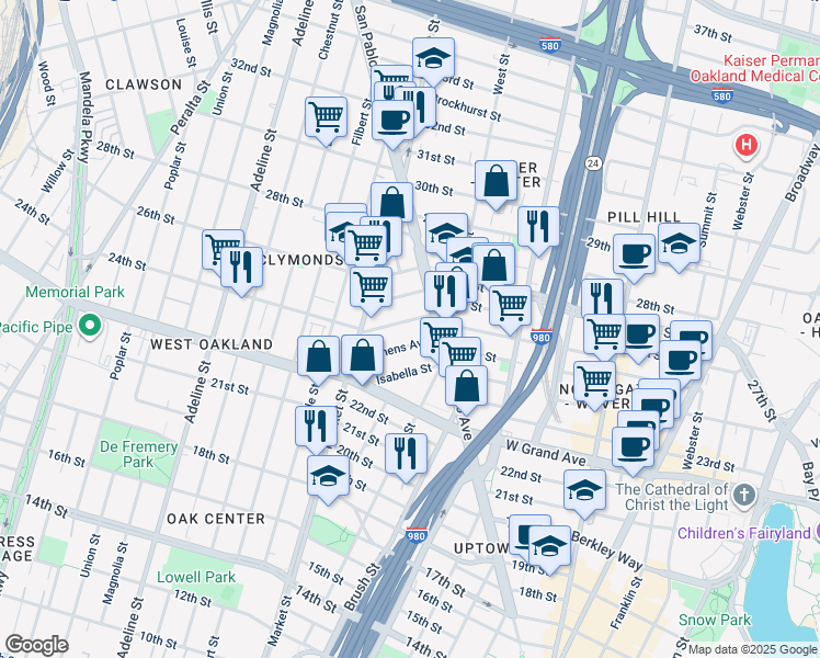 map of restaurants, bars, coffee shops, grocery stores, and more near 2 San Pablo Avenue in Oakland