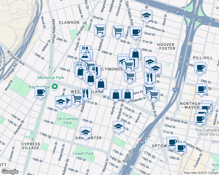 map of restaurants, bars, coffee shops, grocery stores, and more near 981 24th Street in Oakland
