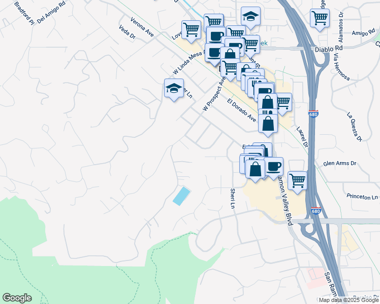 map of restaurants, bars, coffee shops, grocery stores, and more near 385 Glendora Circle in Danville