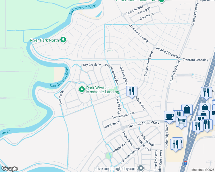 map of restaurants, bars, coffee shops, grocery stores, and more near 15924 Crescent Park Circle in Lathrop