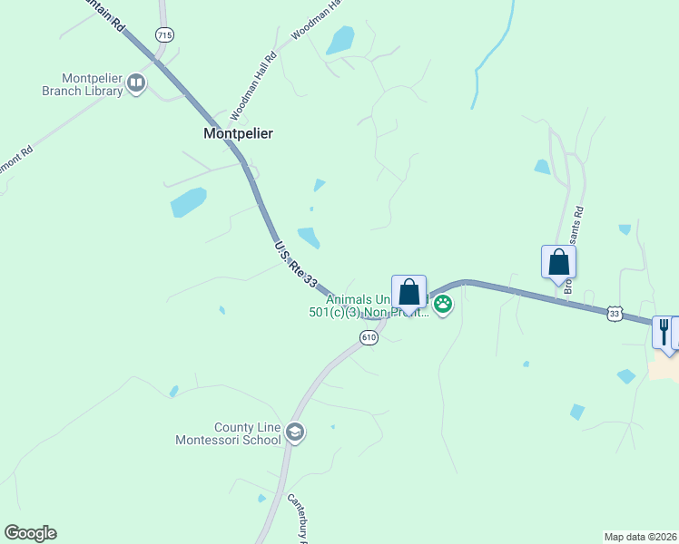 map of restaurants, bars, coffee shops, grocery stores, and more near 17004 Mountain Road in Montpelier