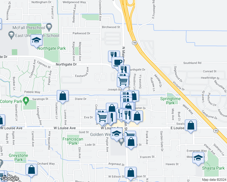 map of restaurants, bars, coffee shops, grocery stores, and more near 208 Joseph Road in Manteca