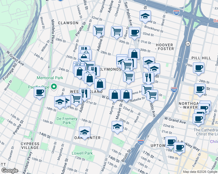 map of restaurants, bars, coffee shops, grocery stores, and more near 2319 Filbert Street in Oakland