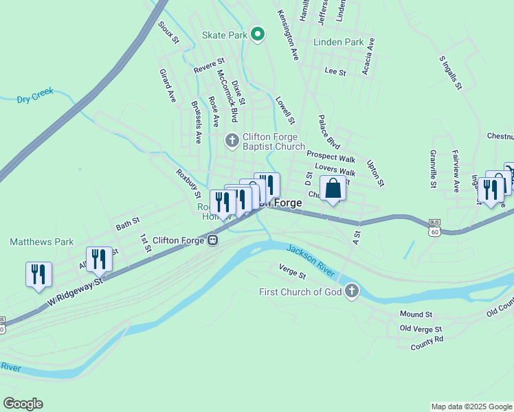 map of restaurants, bars, coffee shops, grocery stores, and more near 511 East Ridgeway Street in Clifton Forge