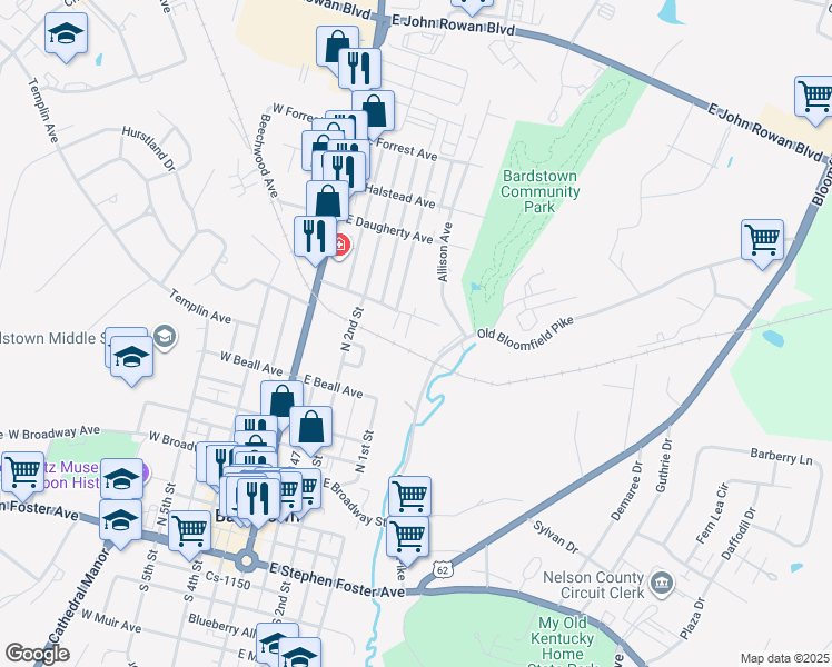 map of restaurants, bars, coffee shops, grocery stores, and more near 303-305 East O'Bryan Avenue in Bardstown