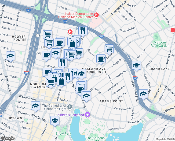 map of restaurants, bars, coffee shops, grocery stores, and more near in Oakland