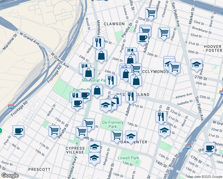 map of restaurants, bars, coffee shops, grocery stores, and more near 1297 West Grand Avenue in Oakland