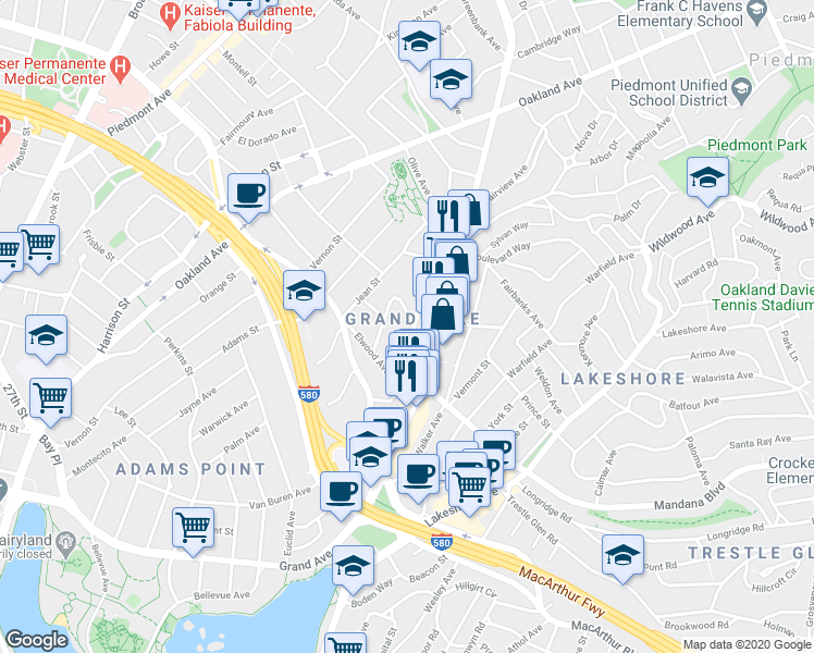 map of restaurants, bars, coffee shops, grocery stores, and more near 581 Valle Vista Avenue in Oakland