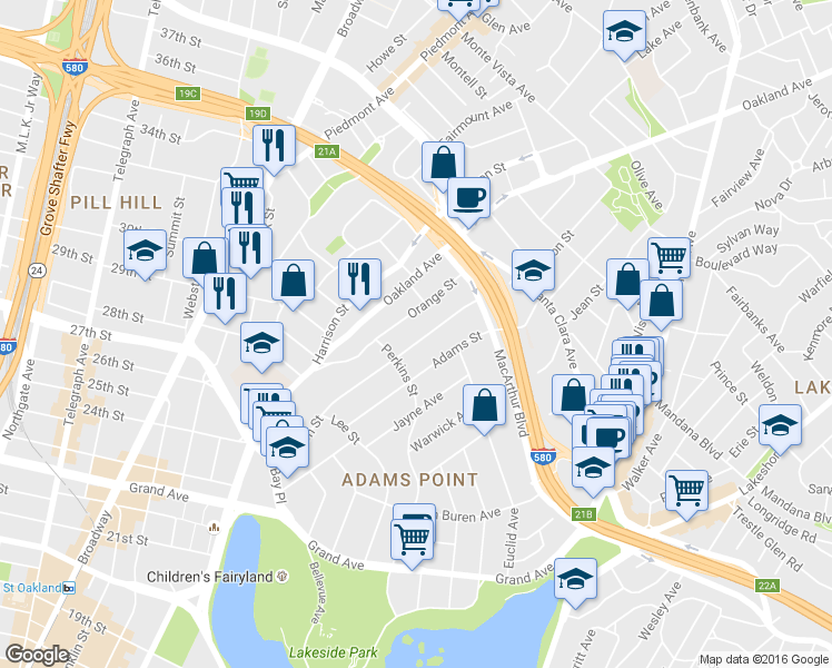 map of restaurants, bars, coffee shops, grocery stores, and more near in Oakland