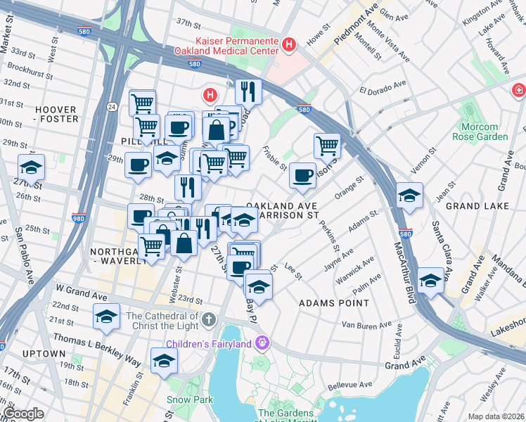 map of restaurants, bars, coffee shops, grocery stores, and more near 106 Fairmount Avenue in Oakland