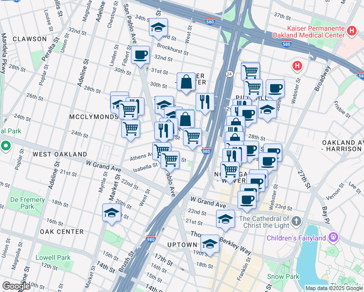 map of restaurants, bars, coffee shops, grocery stores, and more near 677 26th Street in Oakland
