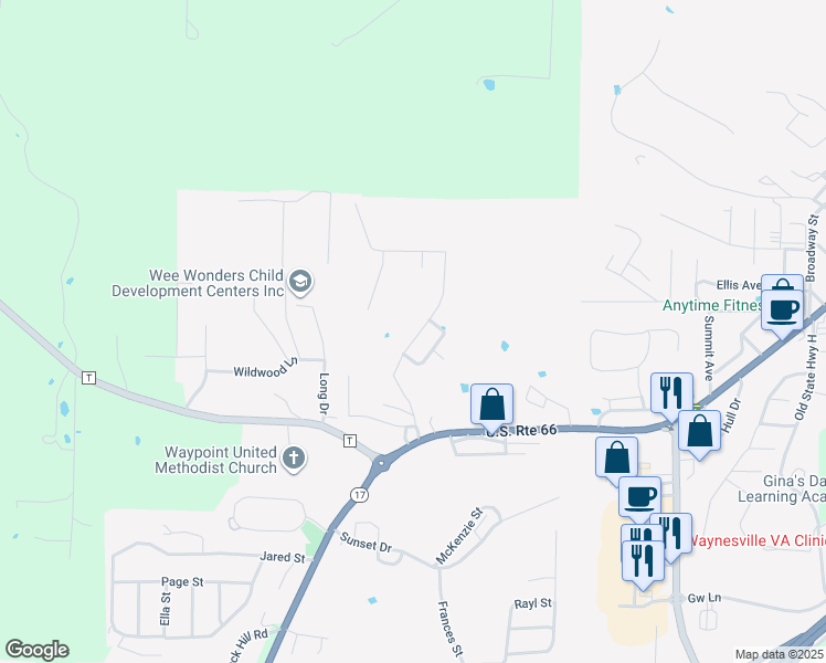 map of restaurants, bars, coffee shops, grocery stores, and more near 213 Settlers Pass in Waynesville