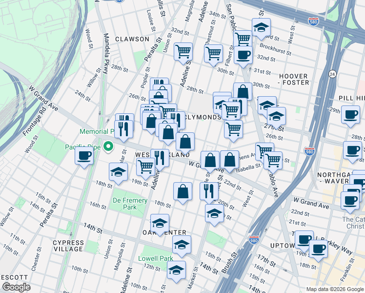 map of restaurants, bars, coffee shops, grocery stores, and more near 1060 West Grand Avenue in Oakland