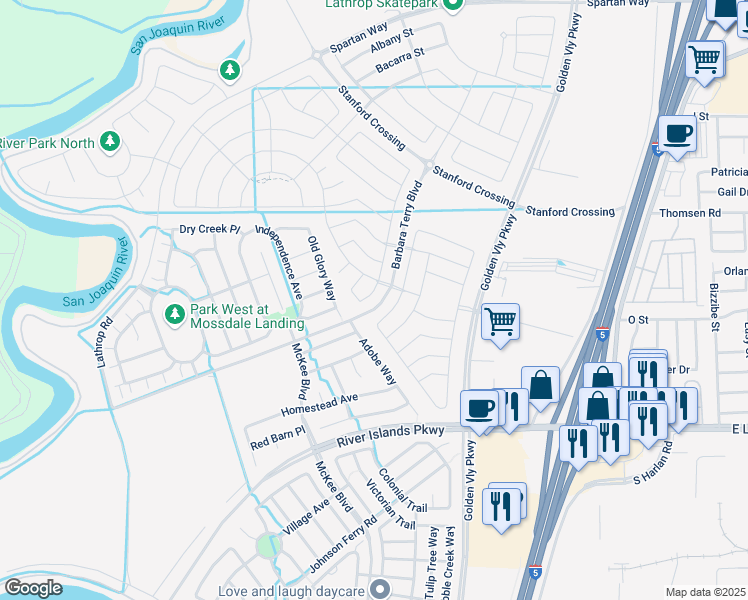 map of restaurants, bars, coffee shops, grocery stores, and more near 16024 Testarossa Street in Lathrop