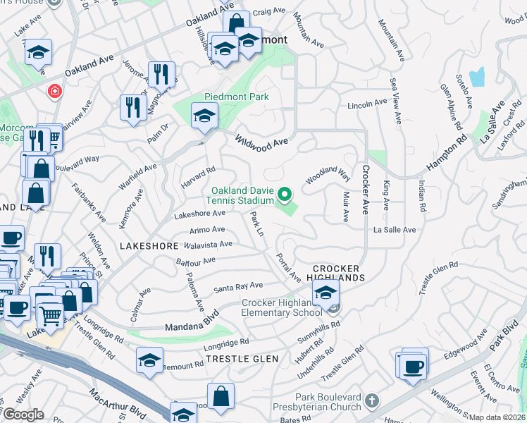 map of restaurants, bars, coffee shops, grocery stores, and more near 1066 Park Lane in Piedmont