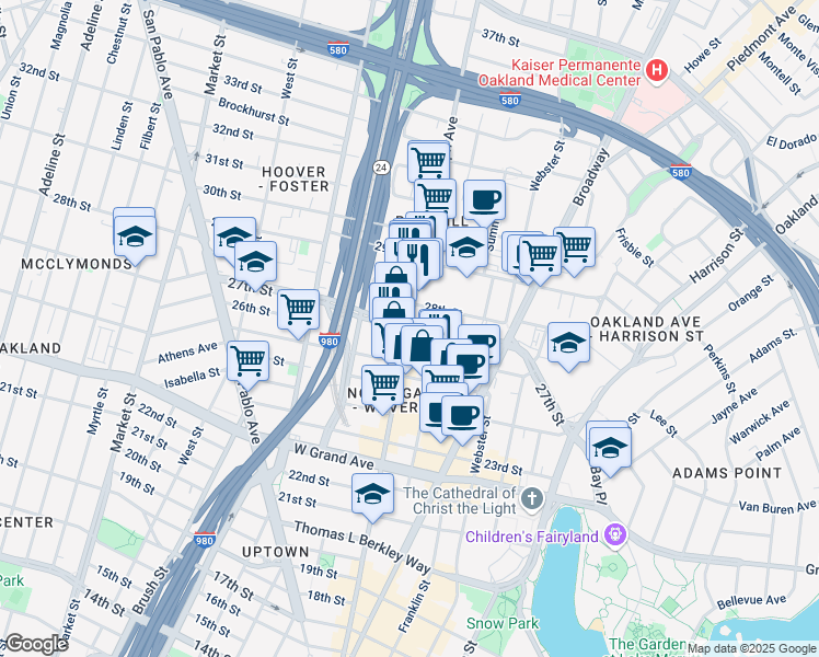 map of restaurants, bars, coffee shops, grocery stores, and more near Telegraph Ave & 27th St in Oakland