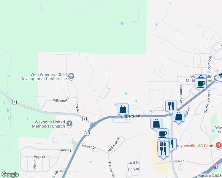 map of restaurants, bars, coffee shops, grocery stores, and more near 218 Fritts Circle in Waynesville