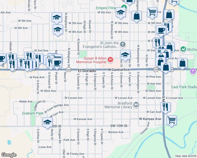 map of restaurants, bars, coffee shops, grocery stores, and more near 119 S Emporia St in El Dorado