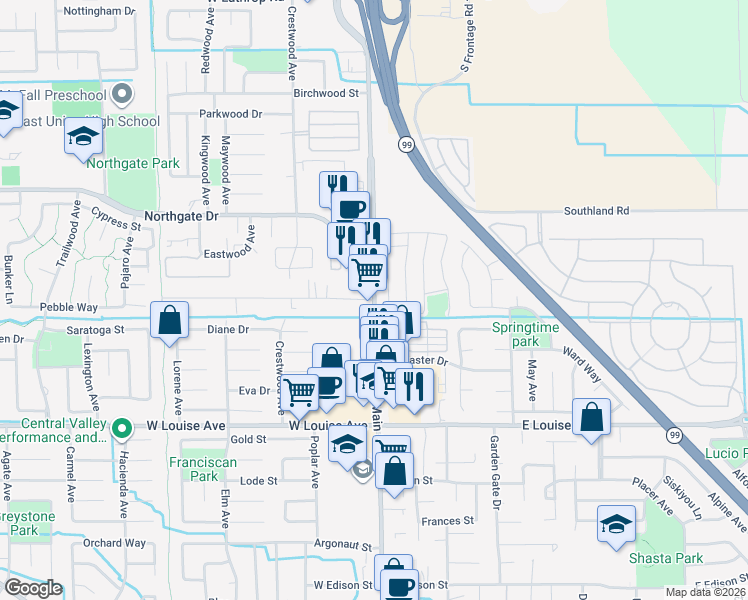 map of restaurants, bars, coffee shops, grocery stores, and more near 1300 North Main Street in Manteca