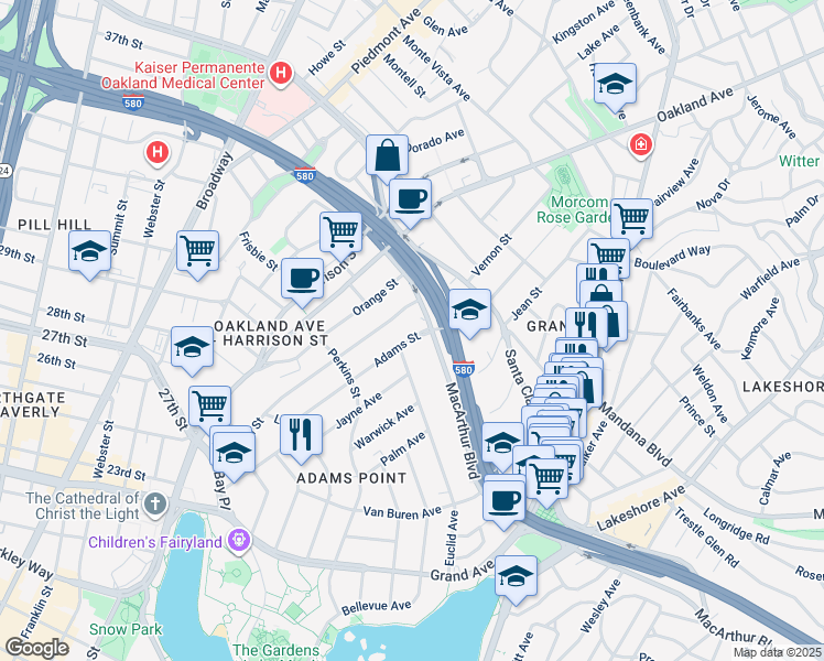 map of restaurants, bars, coffee shops, grocery stores, and more near 438 Vernon Street in Oakland