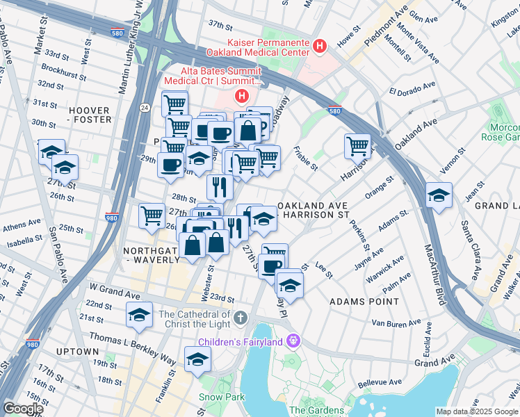 map of restaurants, bars, coffee shops, grocery stores, and more near 2819 Richmond Avenue in Oakland