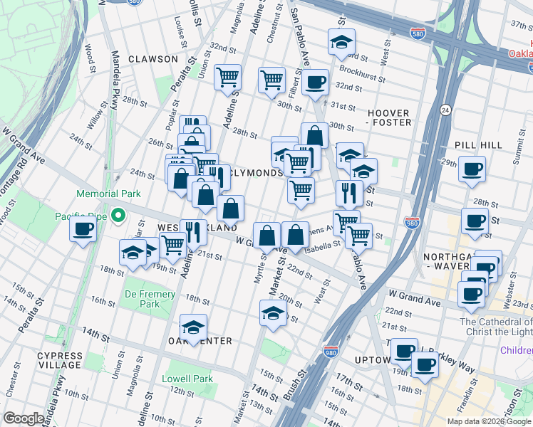 map of restaurants, bars, coffee shops, grocery stores, and more near 981 24th Street in Oakland