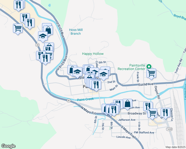 map of restaurants, bars, coffee shops, grocery stores, and more near 507 Court Street in Paintsville
