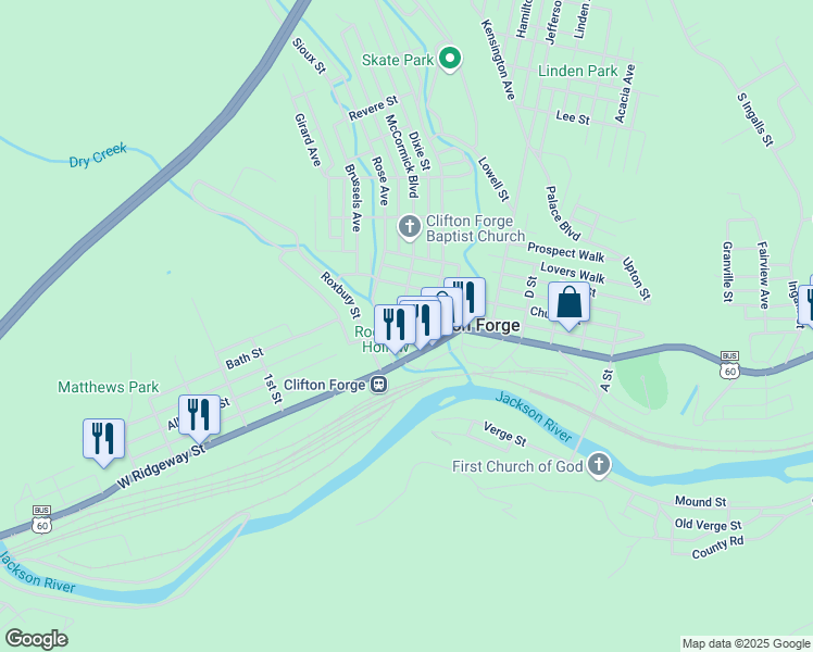 map of restaurants, bars, coffee shops, grocery stores, and more near 414 Main St in Clifton Forge