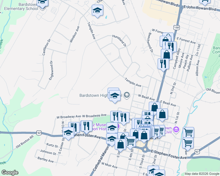 map of restaurants, bars, coffee shops, grocery stores, and more near 101-199 Hillcrest Drive in Bardstown