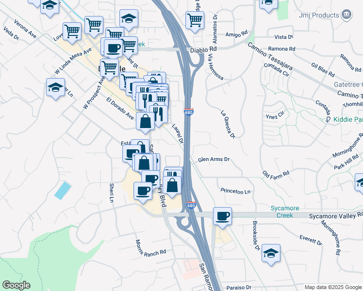 map of restaurants, bars, coffee shops, grocery stores, and more near 86 Laurel Drive in Danville