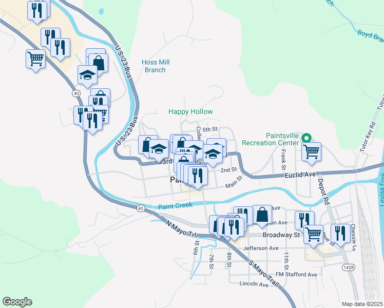 map of restaurants, bars, coffee shops, grocery stores, and more near 315 3rd Street in Paintsville