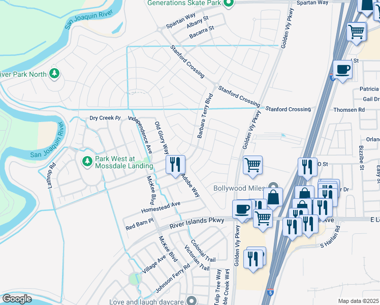 map of restaurants, bars, coffee shops, grocery stores, and more near 16010 Testarossa Street in Lathrop