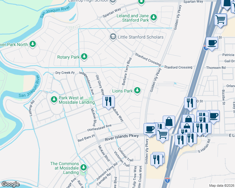 map of restaurants, bars, coffee shops, grocery stores, and more near 16024 Testarossa Street in Lathrop