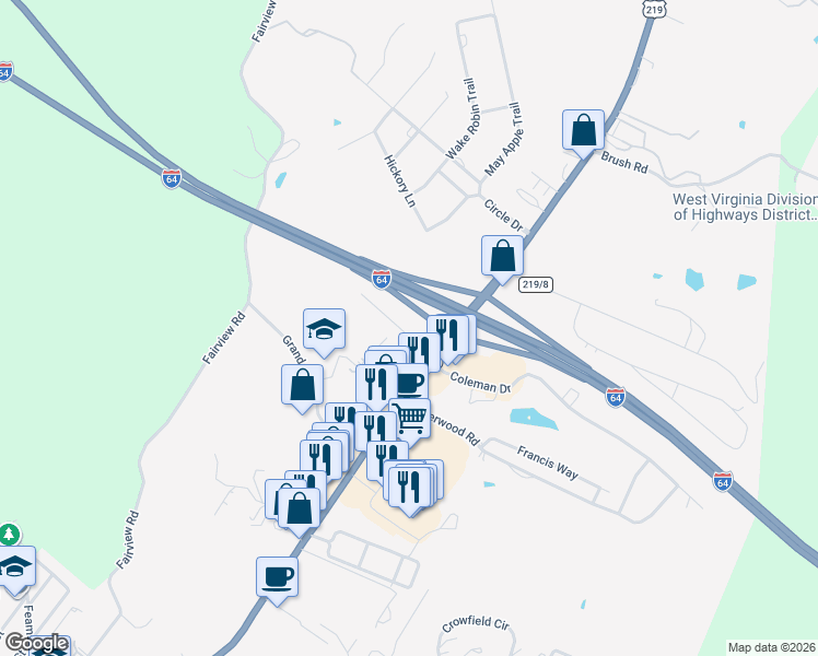 map of restaurants, bars, coffee shops, grocery stores, and more near 190 Village Dr in Lewisburg