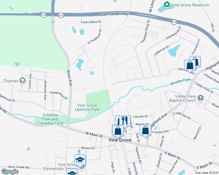 map of restaurants, bars, coffee shops, grocery stores, and more near 172 Shirley Boulevard in Vine Grove