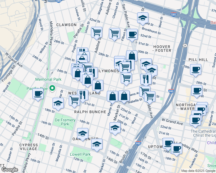 map of restaurants, bars, coffee shops, grocery stores, and more near 981 24th Street in Oakland