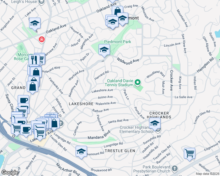 map of restaurants, bars, coffee shops, grocery stores, and more near 4163 Lakeshore Avenue in Piedmont