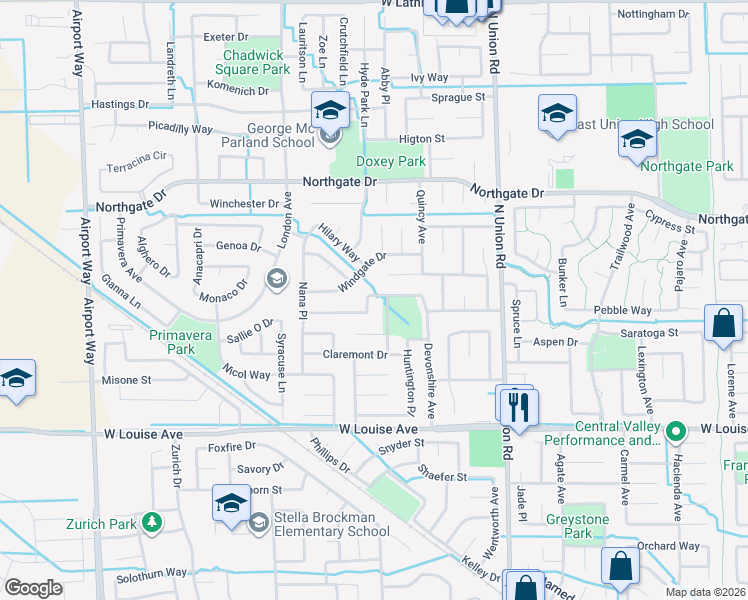 map of restaurants, bars, coffee shops, grocery stores, and more near 1433 Linden Way in Manteca