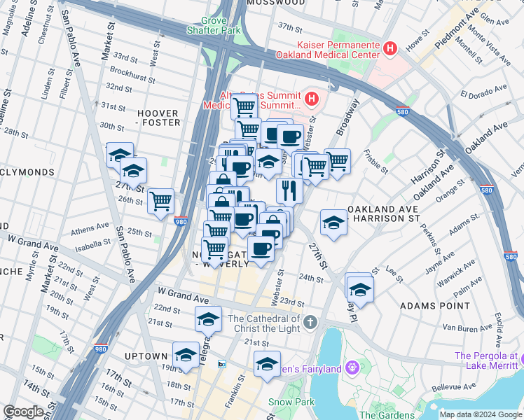 map of restaurants, bars, coffee shops, grocery stores, and more near 425 28th Street in Oakland