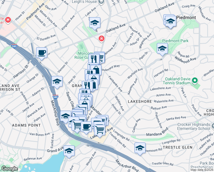 map of restaurants, bars, coffee shops, grocery stores, and more near 1026 Walker Avenue in Oakland
