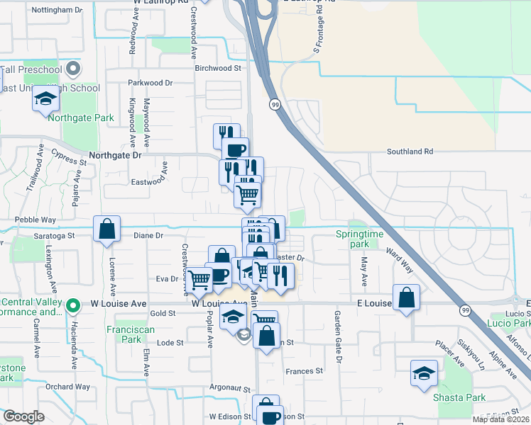 map of restaurants, bars, coffee shops, grocery stores, and more near 1300-1368 North Main Street in Manteca
