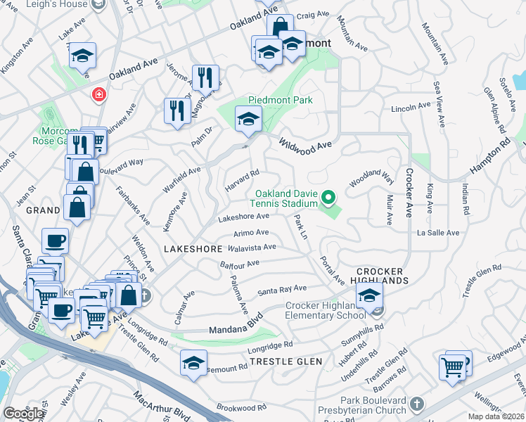 map of restaurants, bars, coffee shops, grocery stores, and more near 4163 Lakeshore Avenue in Piedmont