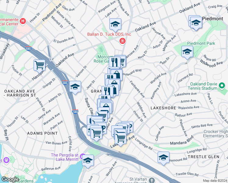 map of restaurants, bars, coffee shops, grocery stores, and more near in Oakland